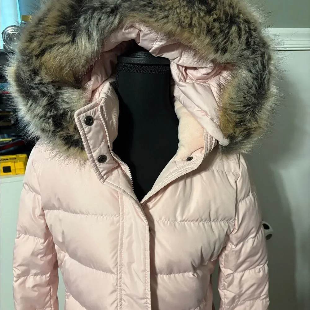Lands’ End Light Pink Women's Down Fur-Trimmed Hood 3/4 Length Puffer Coat SMALL - Picture 2 of 6
